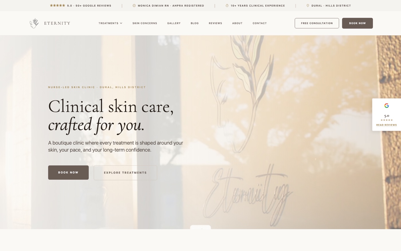 The current Eternity Laser & Aesthetics homepage — engineered and shipped by Blackforge