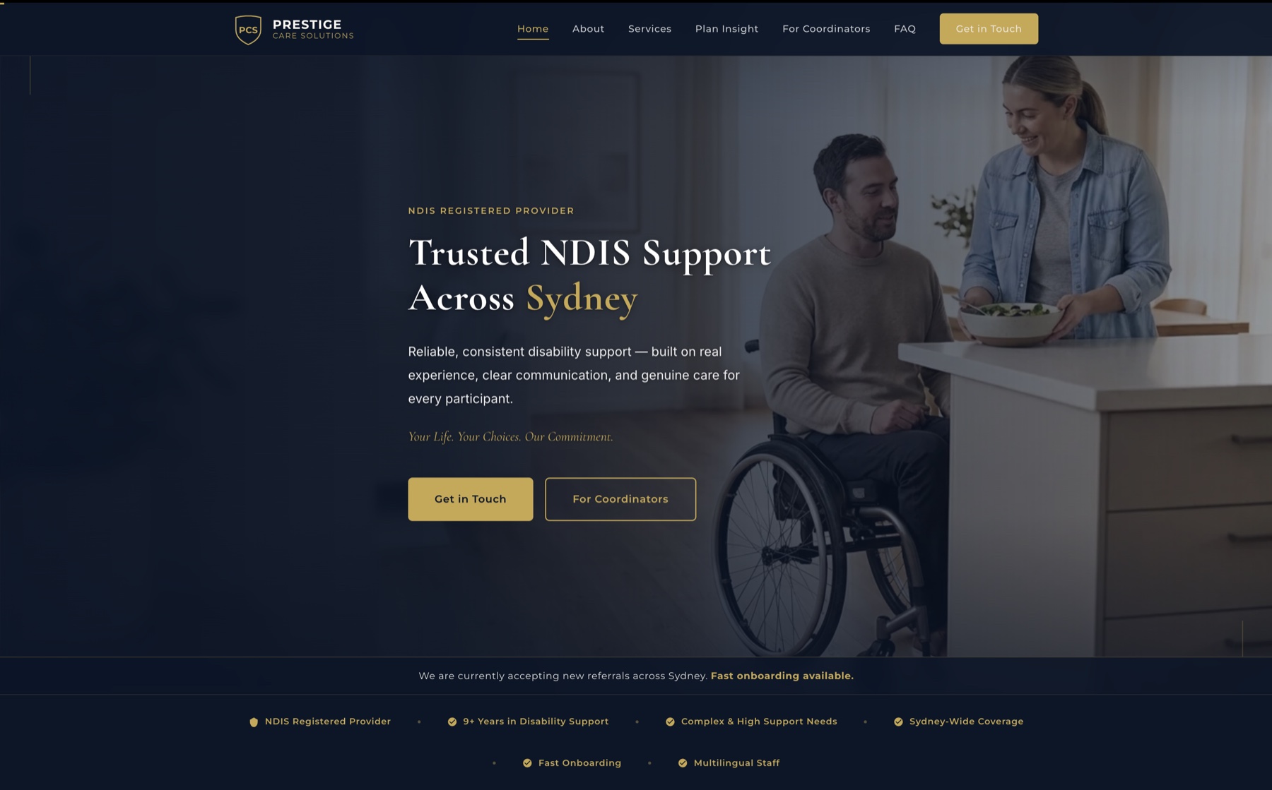 The live Prestige Care Solutions homepage — engineered and shipped by Blackforge